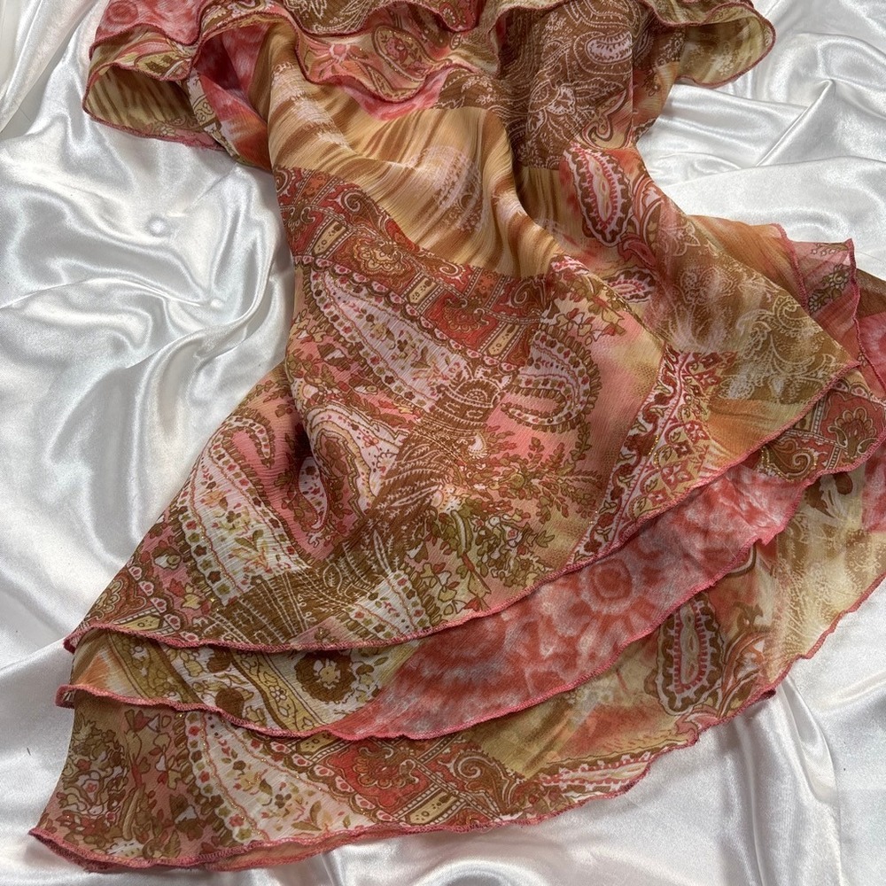 y2k Cami Top Orange Excellent Paisley Ruffle Layered Asymmetrical Tank - Picture 3 of 5